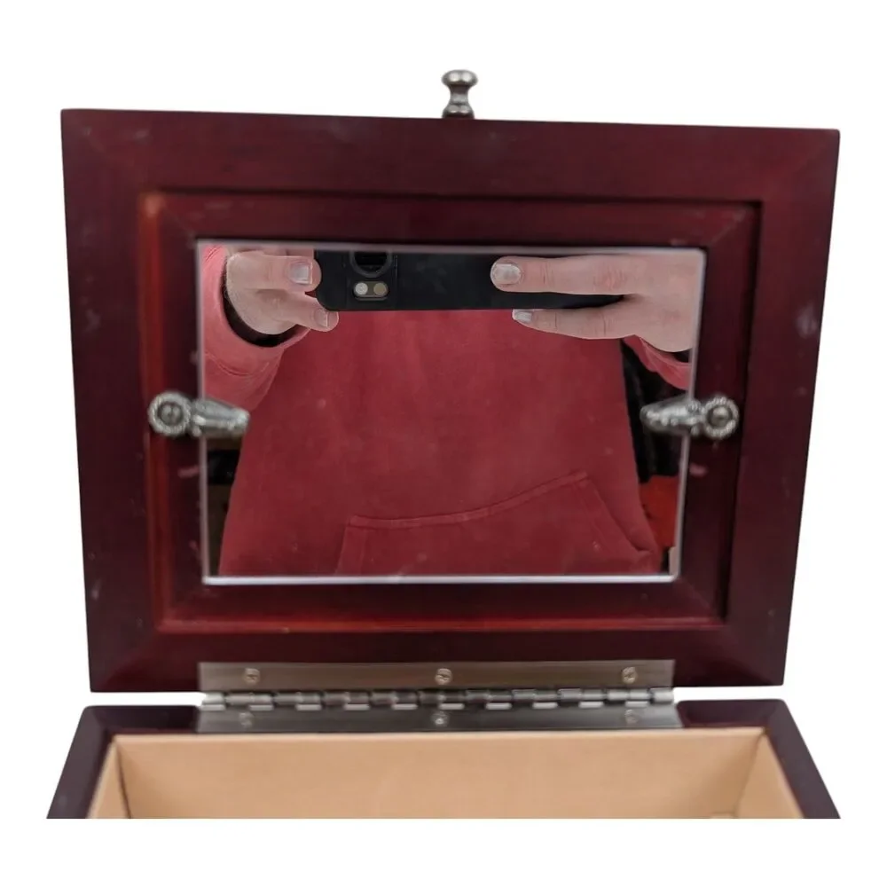 Jewelry Box Cherry Wood w/‎ Mirror and Lift Tray Felt Inside replaceable photo
